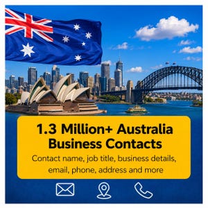 Op de afbeelding: Afbeelding met de Australische vlag boven de skyline van Sydney, inclusief het Opera House en de Harbour Bridge. Een gele banner toont "1.3 Million+ Australia Business Contacts".