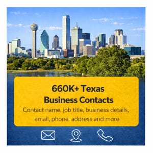 May include: A photograph of the Dallas, Texas skyline under a clear blue sky. A yellow banner displays the text "660K+ Texas Business Contacts" with contact details. Icons of an envelope, location pin, and phone are at the bottom.