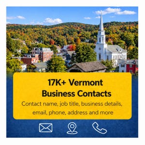 May include: A picturesque view of a Vermont town with a white church and autumn colours. A yellow banner displays "17K+ Vermont Business Contacts" and contact details.