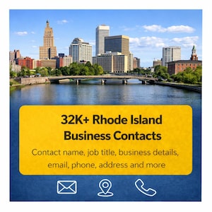 Può includere: Immagine di un paesaggio urbano con fiume e ponte, con un banner giallo che recita "32K+ Rhode Island Business Contacts". Il banner elenca i dettagli di contatto.