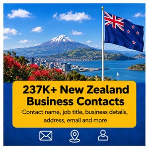 Pode incluir: Vista paisagística da Nova Zelândia com bandeira, montanha e porto. Uma caixa amarela contém o texto: 237K+ New Zealand Business Contacts. Contact name, job title, business details, address, email and more. Ícones de e-mail, local e usuário abaixo.
