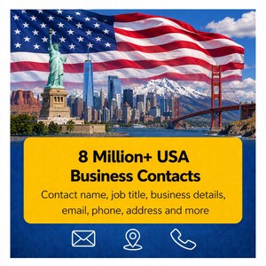 Może przedstawiać: Obraz z amerykańską flagą powiewającą nad panoramą miasta ze Statuą Wolności i mostem Golden Gate. Żółty baner głosi "8 Million+ USA Business Contacts" ze szczegółami kontaktowymi.