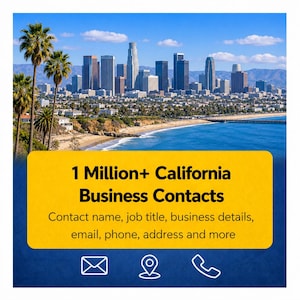 Puede incluir: Una vista de una ciudad costera con palmeras, playa y horizonte. Una pancarta amarilla muestra "1 Million+ California Business Contacts" con detalles de contacto.