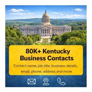 Puede incluir: Imagen del Capitolio del Estado de Kentucky con cielo azul y árboles verdes. Una pancarta amarilla muestra "80K+ Kentucky Business Contacts" y detalles de contacto como correo electrónico y teléfono.