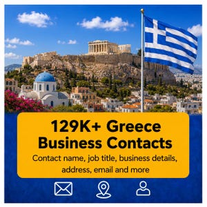Op de afbeelding: Een gele rechthoekige afbeelding met de tekst 129K+ Greece Business Contacts, Contact name, job title, business details, address, email and more, inclusief iconen voor e-mail, locatie en gebruiker, tegen een achtergrond van het Parthenon en een Griekse vlag.