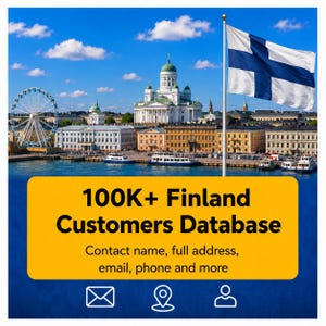May include: A yellow rectangular graphic featuring the text 100K+ Finland Customers Database, Contact name, full address, email, phone and more, with icons for email, location, and user, set against a background of the Helsinki harbour and flag.