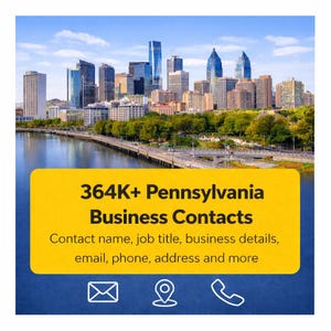 Puede incluir: Imagen promocional de un paisaje urbano con río y puente. Una pancarta amarilla muestra el texto "364K+ Pennsylvania Business Contacts" con detalles de contacto. Iconos de correo electrónico, ubicación y teléfono en la parte inferior.