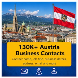 Pode incluir: Imagem da bandeira austríaca a ondear em frente a uma paisagem urbana e montanhas. Uma faixa amarela exibe "130K+ Contactos de Negócios Áustria" com detalhes como nome, cargo e e-mail.