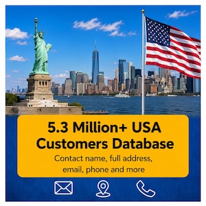 Może przedstawiać: Cyfrowa grafika przedstawiająca Statuę Wolności i panoramę Nowego Jorku z amerykańską flagą. Żółte pole zawiera tekst 5.3 Million+ USA Customers Database, Contact name, full address, email, phone and more, wraz z ikonami przedstawiającymi dane.