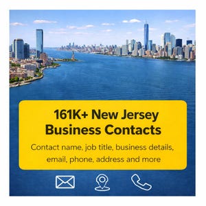 Może przedstawiać: Widok na miasto z wodą na pierwszym planie. Żółty prostokąt wyświetla "161K+ New Jersey Business Contacts" i dane kontaktowe, w tym e-mail i telefon.