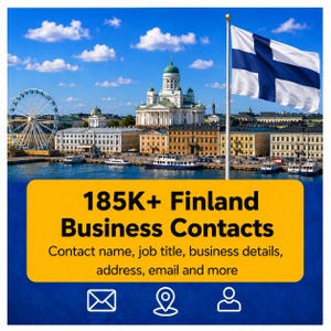 May include: A digital graphic featuring the Finnish flag flying over a cityscape of Helsinki with a ferris wheel and boats. A yellow banner displays the text 185K+ Finland Business Contacts, Contact name, job title, business details, address, email and more.