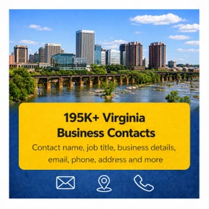 Puede incluir: Una vista panorámica de un horizonte urbano con un río y un puente en primer plano. Un rectángulo amarillo con el texto "195K+ Virginia Business Contacts" se superpone a la imagen. El texto debajo dice "Contact name, job title, business details, email, phone, address and more."
