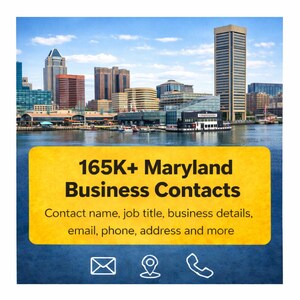 Pode incluir: Imagem de uma paisagem urbana com vista para a orla e um retângulo amarelo com o texto "165K+ Maryland Business Contacts". O texto abaixo diz "Contact name, job title, business details, email, phone, address and more."