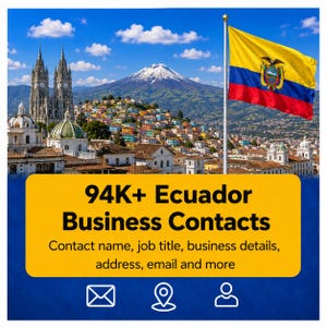 Pode incluir: Um gráfico digital com a bandeira do Equador sobre uma paisagem urbana com uma montanha nevada. O texto diz: 94K+ Ecuador Business Contacts. Contact name, job title, business details, address, email and more. Ícones de e-mail, localização e usuário.
