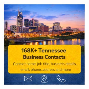 Pode incluir: Imagem do horizonte de Nashville, Tennessee, ao entardecer, com um rio em primeiro plano. Uma faixa amarela e azul na parte inferior diz "168K+ Tennessee Business Contacts" com detalhes de contato.