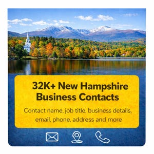 Può includere: Un'immagine panoramica di un lago con una chiesa e montagne sullo sfondo. Un rettangolo giallo con il testo "32K+ New Hampshire Business Contacts" è in primo piano. Il testo aggiuntivo include "Contact name, job title, business details, email, phone, address and more."