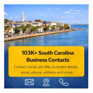 Può includere: Una vista di una città costiera con un ponte sullo sfondo. Un rettangolo giallo con il testo "103K+ South Carolina Business Contacts" è in primo piano. Il testo include anche "Contact name, job title, business details, email, phone, address and more."