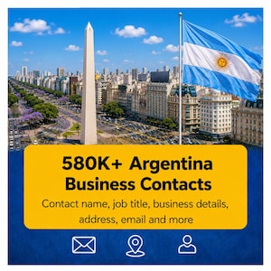 May include: Image featuring the Obelisco de Buenos Aires, the Argentine flag, and a cityscape. A yellow banner displays "580K+ Argentina Business Contacts" with details like contact name, job title, and email.