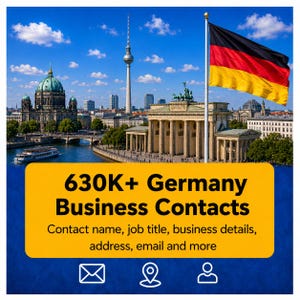 Könnte beinhalten: Eine digitale Grafik mit der deutschen Flagge über der Berliner Skyline, einschließlich Fernsehturm und Brandenburger Tor. Ein gelbes Textfeld zeigt 630K+ Germany Business Contacts, Contact name, job title, business details, address, email and more.