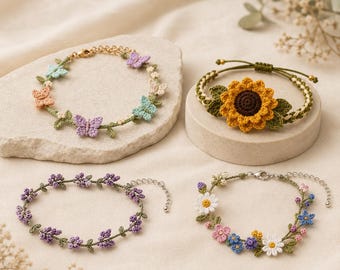 Paquete de patrones de pulseras de ganchillo, 4 pulseras florales en PDF, patrones de joyería de ganchillo, patrón digital bohemio