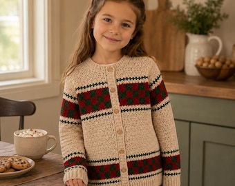 Patrón de ganchillo para cárdigan de bebé, cárdigan a cuadros Juniper Hearth en PDF, suéter a cuadros para niños pequeños, descarga instantánea.