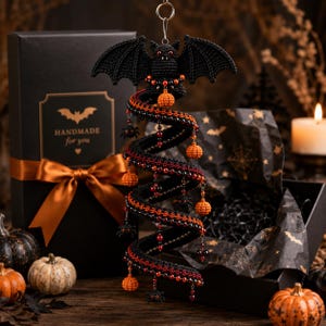 May include: A black crocheted bat ornament with a spiral tail hanging from a metal ring. The spiral is decorated with small orange crocheted pumpkins, black spider charms, and red beads. The bat has two white fangs and red eyes.