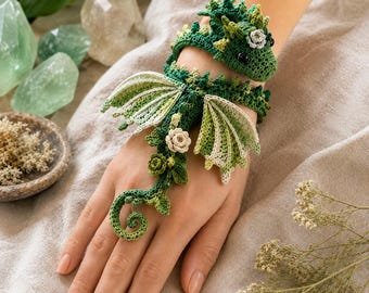 Dragon Wrist Bracelet Crochet Pattern, Evergreen Wrist Dragon Amigurumi PDF, Botanical Crochet Bracelet Pattern