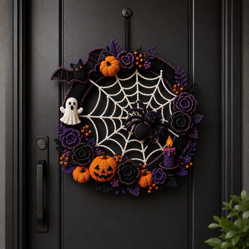 K&ouml;nnte beinhalten: Ein runder Halloween-Kranz aus H&auml;kelarbeit mit einem wei&szlig;en Spinnennetz in der Mitte, einer schwarzen Spinne, einem wei&szlig;en Geist, orangefarbenen K&uuml;rbissen, violetten Blumen und einer schwarzen Fledermaus. Er ist mit einer kleinen lila Kerze verziert.