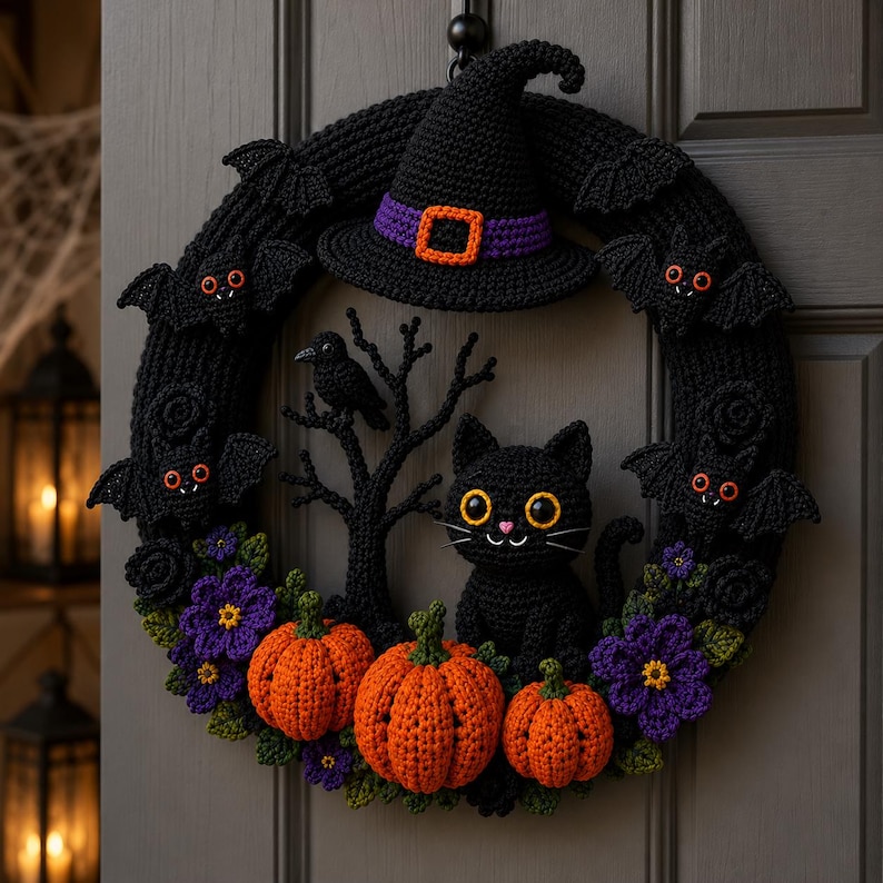 May include: A crocheted Halloween wreath featuring a black witch hat with a purple band and orange buckle, three orange pumpkins, a black cat, a black bird on a tree branch, purple flowers, and four black bats with orange eyes and white fangs.
