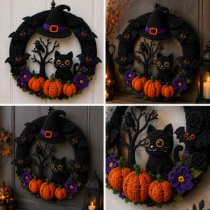 May include: A crocheted Halloween wreath featuring a black cat, a witch hat with a purple band, orange pumpkins, purple flowers, and small black bats. The wreath is constructed from black yarn and includes a black tree silhouette with a small bird.