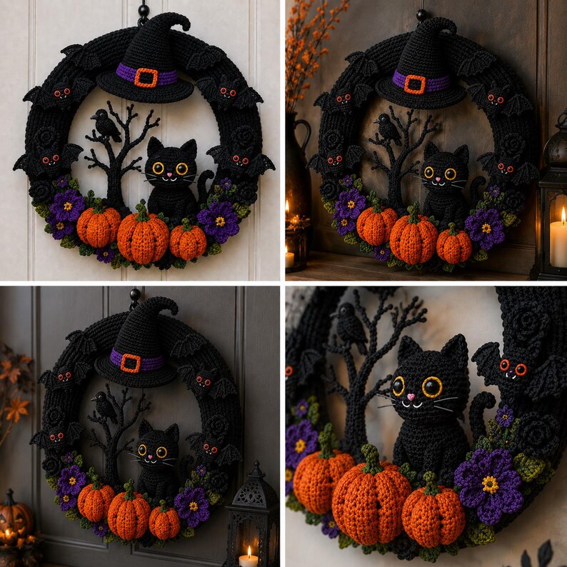 May include: A crocheted Halloween wreath featuring a black cat, a witch hat with a purple band, orange pumpkins, purple flowers, and small black bats. The wreath is constructed from black yarn and includes a black tree silhouette with a small bird.