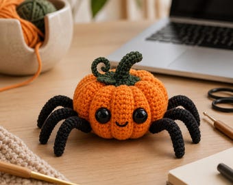 Patrón de ganchillo de Halloween, amigurumi de araña calabaza en PDF, peluche de calabaza espeluznante, descarga instantánea.
