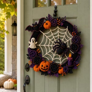K&ouml;nnte beinhalten: Ein runder Halloween-Kranz mit einem geh&auml;kelten wei&szlig;en Spinnennetz in der Mitte, einer schwarzen Spinne, einem Geist, einer Fledermaus, orangefarbenen K&uuml;rbissen, violetten Blumen und einer kleinen violetten Kerze an einer gr&uuml;nen T&uuml;r.