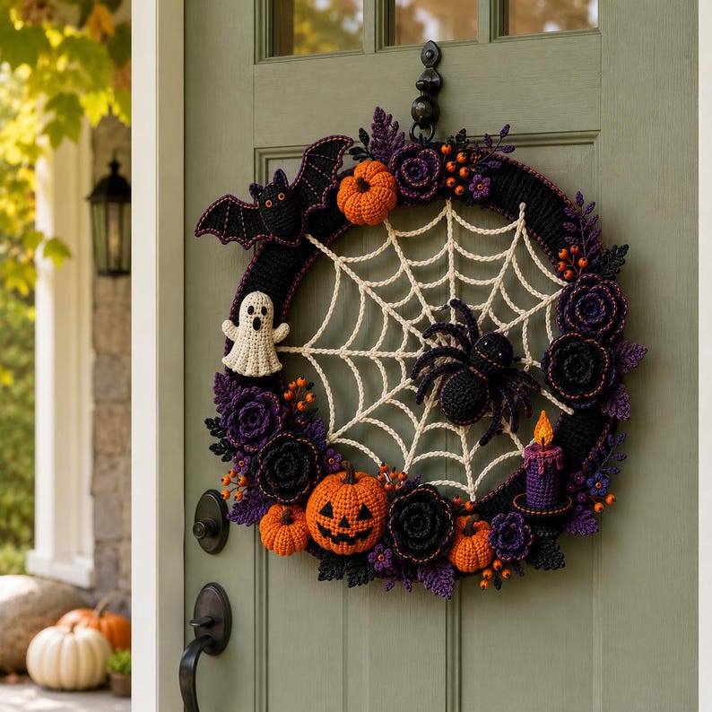 K&ouml;nnte beinhalten: Ein runder Halloween-Kranz mit einem geh&auml;kelten wei&szlig;en Spinnennetz in der Mitte, einer schwarzen Spinne, einem Geist, einer Fledermaus, orangefarbenen K&uuml;rbissen, violetten Blumen und einer kleinen violetten Kerze an einer gr&uuml;nen T&uuml;r.
