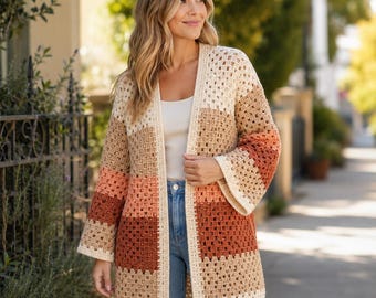 Patrón de cárdigan a crochet, cárdigan Sunset Dune estilo abuela en PDF, suéter de malla extragrande estilo abuela, descarga instantánea.