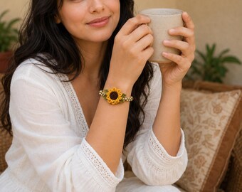 Patrón de pulsera de ganchillo con girasoles, pulsera de flores ajustable en PDF, patrón de joyería de ganchillo, accesorio de muñeca de verano