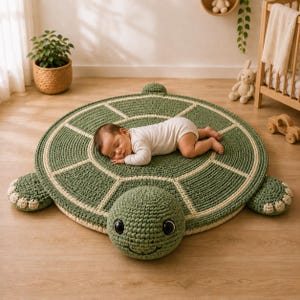 Puede incluir: Una alfombra de suelo grande, redonda y tejida a ganchillo con forma de tortuga en tonos verde salvia y crema. La alfombra presenta un patrón de caparazón detallado con secciones segmentadas, una cabeza de tortuga prominente con grandes ojos negros y cuatro pies.
