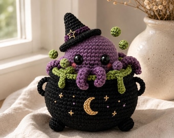Patrón de ganchillo de pulpo en caldero, amigurumi de Halloween en PDF, peluche espeluznante con luna burbujeante, descarga instantánea.