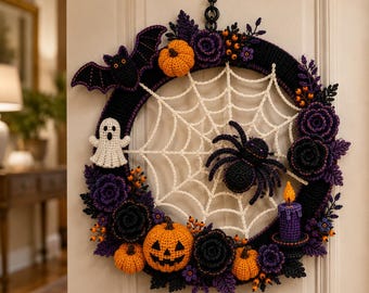 May include: A circular Halloween wreath featuring a crocheted black frame with a white spiderweb center. Decorations include a black bat, a white ghost, a black spider, orange pumpkins, purple and black crocheted flowers, and a purple candle.
