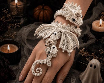Dragon Wrist Bracelet Crochet Pattern, Halloween Ghost Dragon Amigurumi PDF, Gothic Creepy Wearable Bracelet