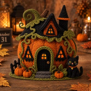 Peut inclure: Une maison citrouille en crochet avec un toit noir, une porte centrale et des fenêtres lumineuses. La structure est ornée de vignes vertes et d'une tige bouclée. Un petit chat noir avec un collier doré est assis à côté de la maison, entourée de trois citrouilles miniatures et d'une petite clôture noire.