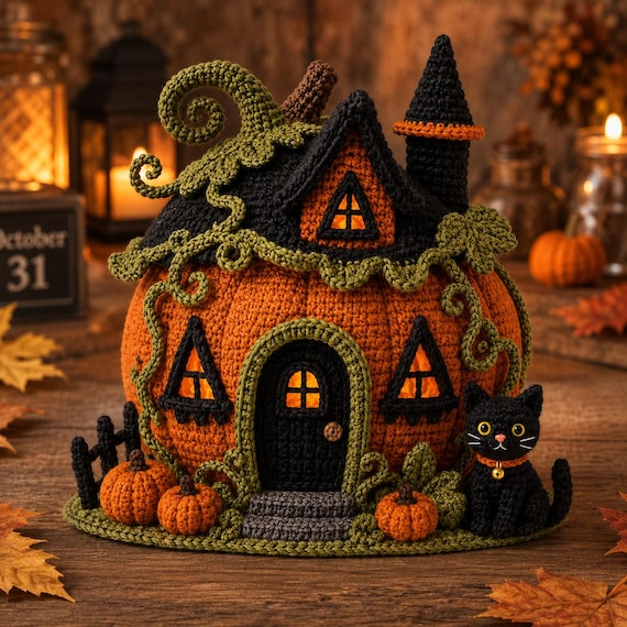Halloween Haunted House Crochet Pattern, Pumpkin Cottage PDF, Spooky Crochet House Decor