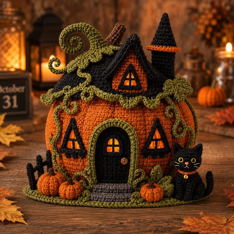 K&ouml;nnte beinhalten: Ein geh&auml;keltes K&uuml;rbishaus mit schwarzem Dach, einer zentralen T&uuml;r und leuchtenden Fenstern. Die Struktur ist mit gr&uuml;nen Ranken und einem geschwungenen Stiel verziert. Eine kleine schwarze Katze mit goldenem Halsband sitzt neben dem Haus, das von drei Miniaturk&uuml;rbissen und einem kleinen schwarzen Zaun umgeben ist.