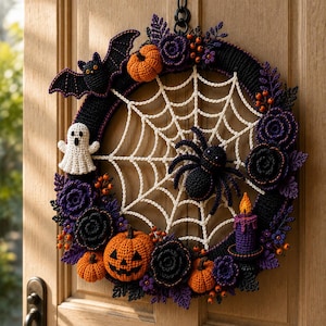 K&ouml;nnte beinhalten: Ein runder Halloween-Kranz aus H&auml;kelarbeit mit einem wei&szlig;en Spinnennetz aus Garn in der Mitte, einer schwarzen Spinne, einem wei&szlig;en Geist, orangefarbenen K&uuml;rbissen, violetten und schwarzen H&auml;kelblumen, einer schwarzen Fledermaus und einer violetten Kerze.