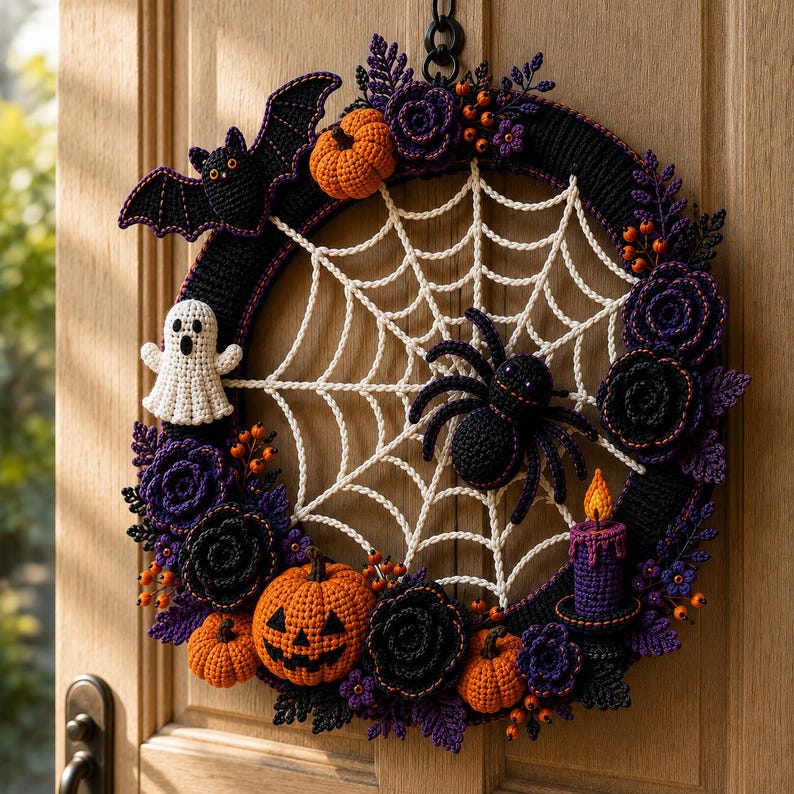 K&ouml;nnte beinhalten: Ein runder Halloween-Kranz aus H&auml;kelarbeit mit einem wei&szlig;en Spinnennetz aus Garn in der Mitte, einer schwarzen Spinne, einem wei&szlig;en Geist, orangefarbenen K&uuml;rbissen, violetten und schwarzen H&auml;kelblumen, einer schwarzen Fledermaus und einer violetten Kerze.