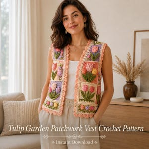 May include: A crochet vest with a patchwork design, showcasing tulip patterns in pink, purple, and yellow. The vest has a scalloped edge and is worn over a white top. The text "Tulip Garden Patchwork Vest Crochet Pattern" is visible.