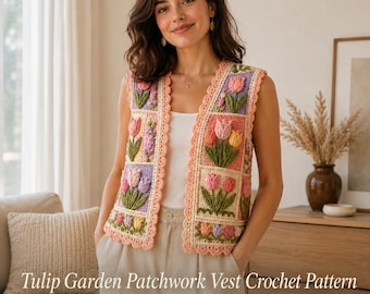 Patrón de chaleco de ganchillo, chaleco de patchwork Jardín de Tulipanes en PDF, patrón de chaleco de encaje floral de ganchillo, descarga instantánea.
