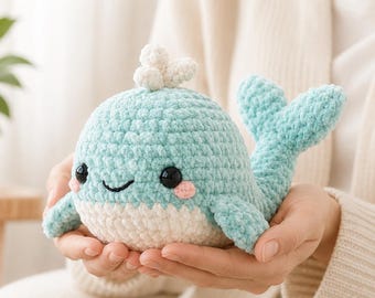 Schema per realizzare una piccola balena all'uncinetto, Balena amigurumi in PDF, Schema per realizzare una balena di peluche all'uncinetto, Simpatico giocattolo a forma di animale marino