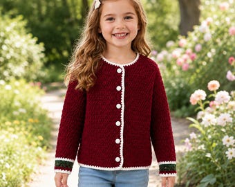 Patrón de cárdigan a crochet, cárdigan infantil Ruby Snowberry en PDF, suéter infantil con botones, descarga instantánea.