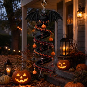 May include: A black crocheted bat hanging from a metal ring, attached to a long, spiraling black and orange crocheted structure. The spiral is decorated with small orange crocheted pumpkins, black spider charms, and red beads throughout the length.